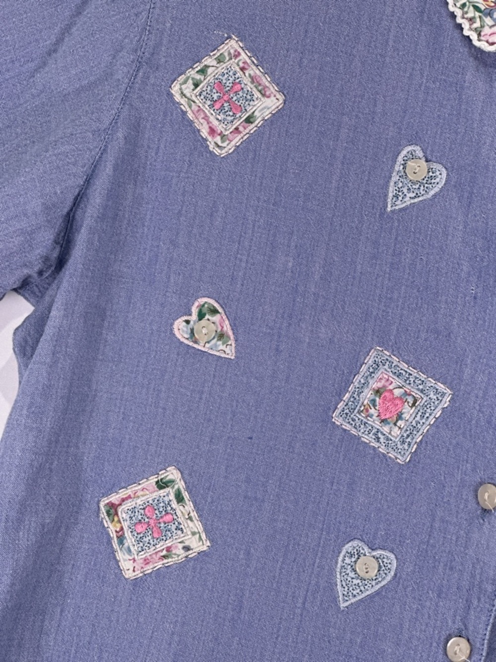 Bill Blass 90s Cottagecore Floral Lace Collar Chambray Blouse Blue Size L - Picture 6 of 13
